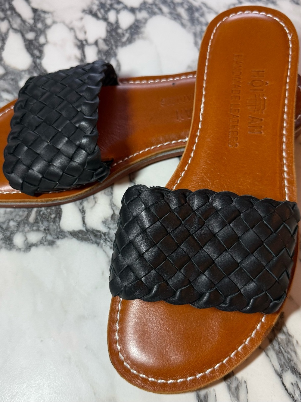 Handmade Leather Woven Slide Sandals Hoi An Vietnam Black Flat Slides Size 11